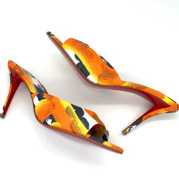 Christian Louboutin MISS Z MULE 80 Printed Toile Sandals Heels Shoes Magma - Picture 13 of 16